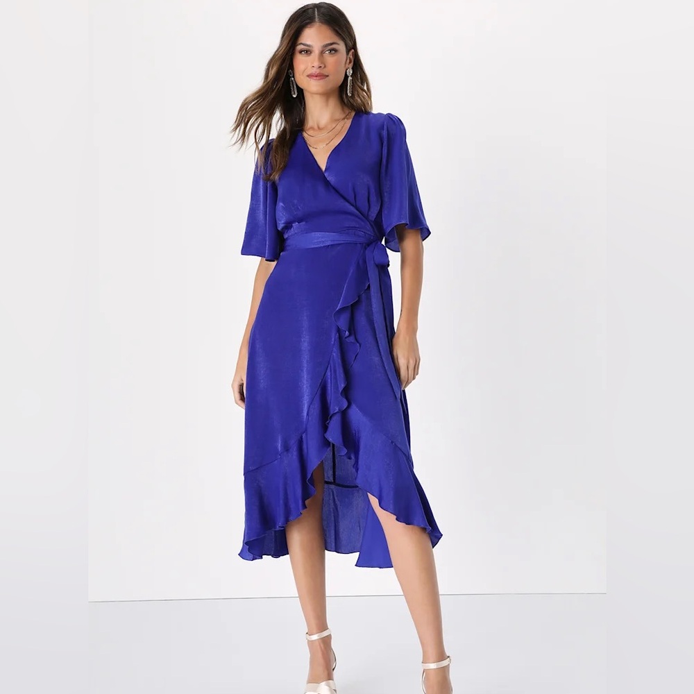 Wrapped Up In Love Cobalt Blue Satin Faux-Wrap Midi Dress - M
